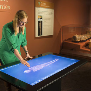 Woman in green dress looking at a 3d image of what is inside a mummy through Interspectrals software