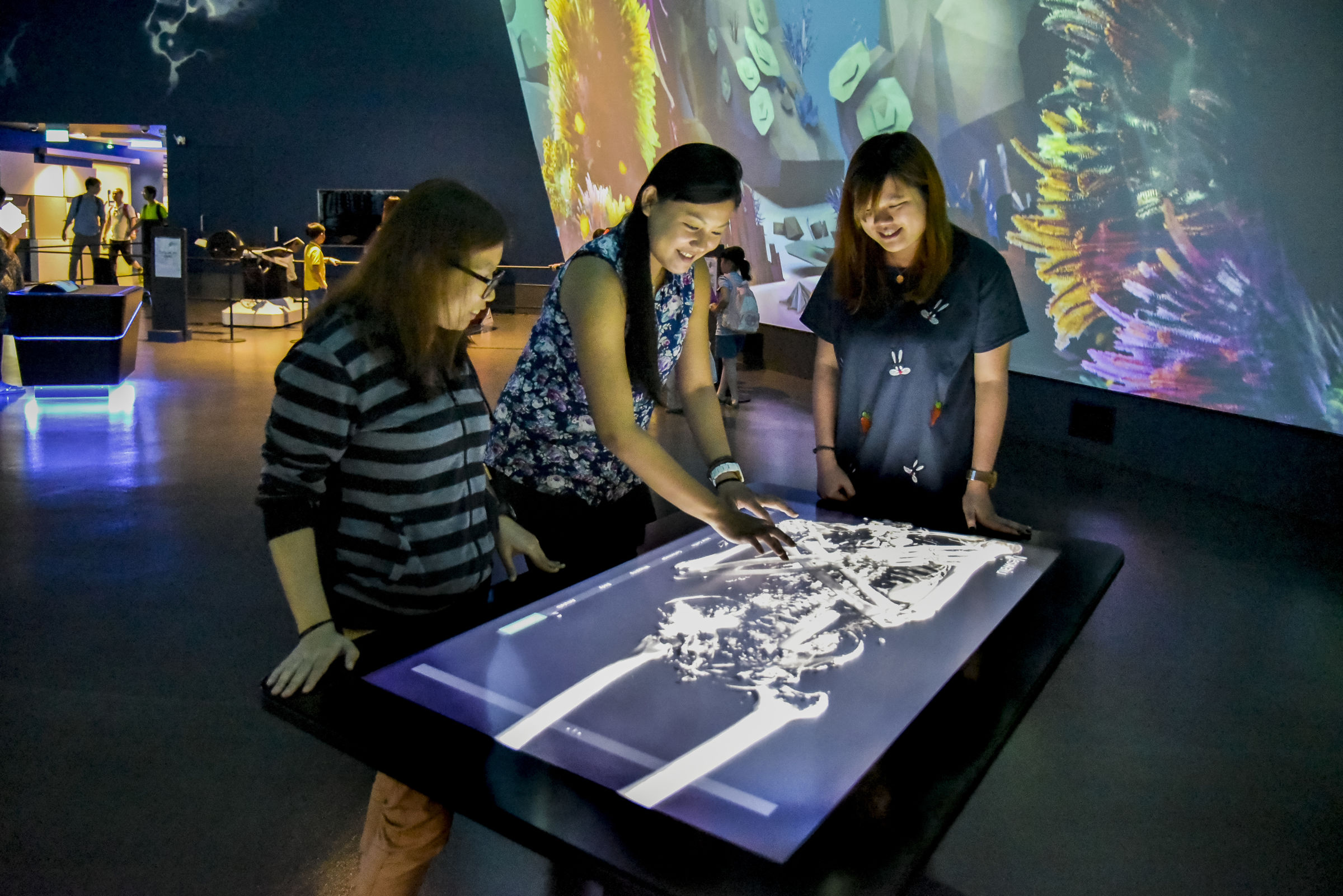 Three Singaporean women standing around a big touch table looking at a virtual skeleton in 3D in Inside Explorer